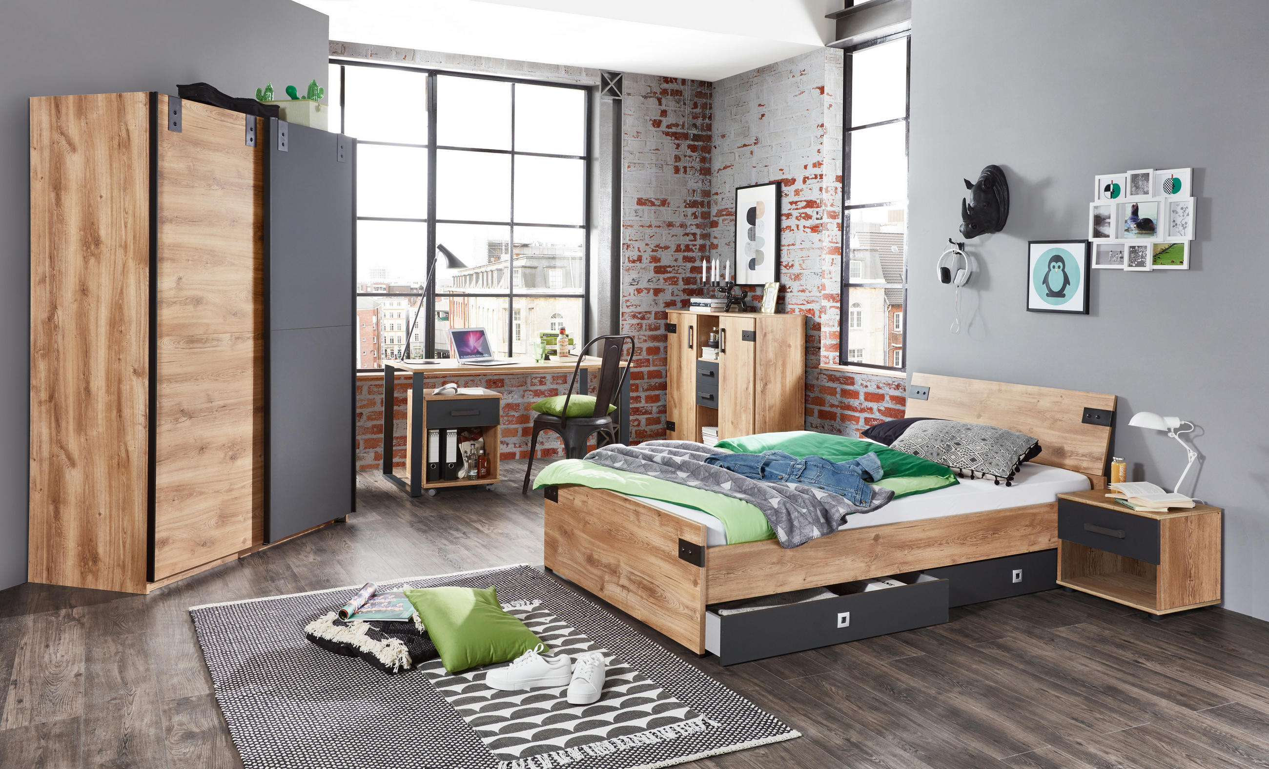JUGENDZIMMER Liverpool in Plankeneiche und Graphit 7 teilig mit 140er Bett und Schwebetürenschrank - Braun, Holzwerkstoff (120/200/80cm)