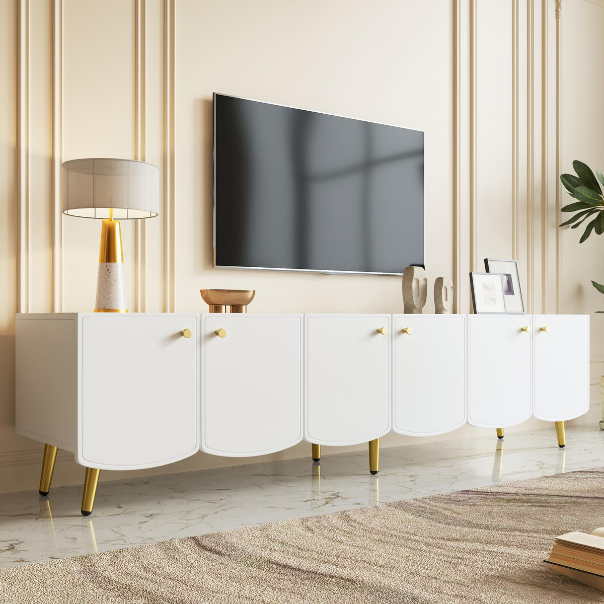 TV-LOWBOARD 180cm 6 Türen Gold Beine Weiß Modern - Multicolor, Holzwerkstoff (180/45/40cm) - FLIEKS