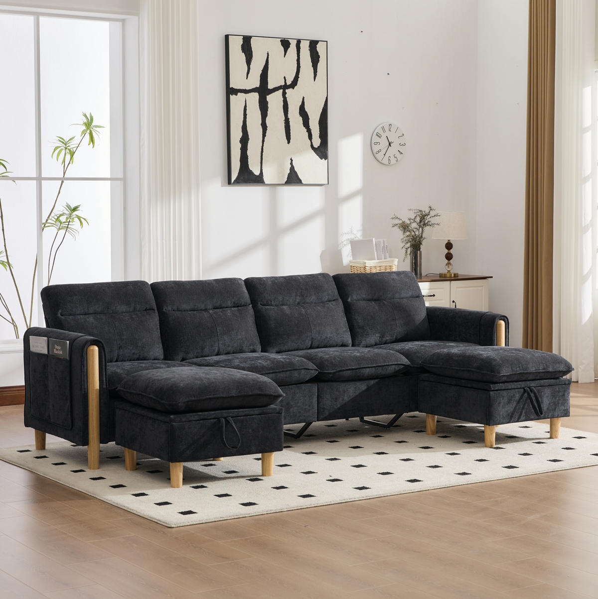 SOFA modular mit 2 Hockern und Stauraum 261 cm Chenille Schwarz - Schwarz, Holz (77/86/261cm) - Meubliv