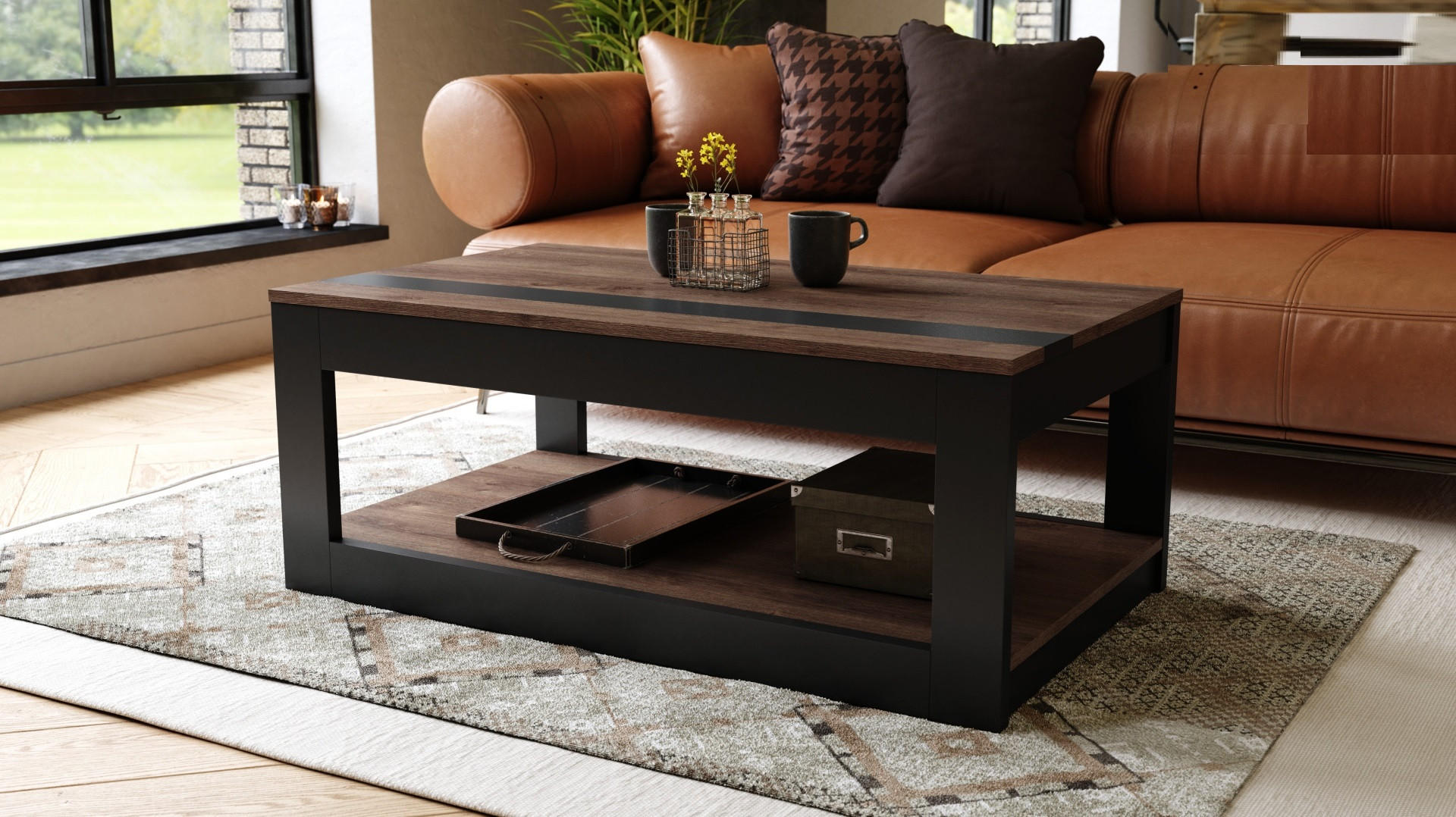 COUCHTISCH rechteckig Eiche dunkel Schwarz matt aufklappbar - Schwarz/Braun, Holzwerkstoff (66/112/45cm) - designimpex