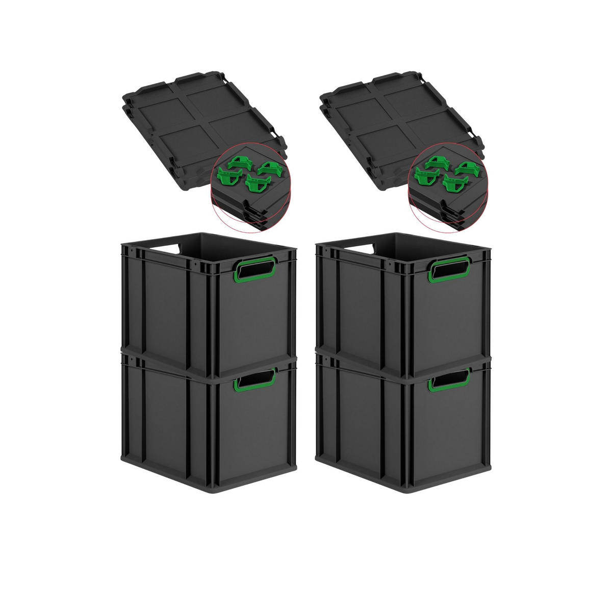 EUROBOX 4x NextGen Color mit Auflagedeckel 32x30x40 cm 30 Liter Schwarz Griffe grün offen - Schwarz/Grün, Kunststoff (30/32/40cm) - PROREGAL