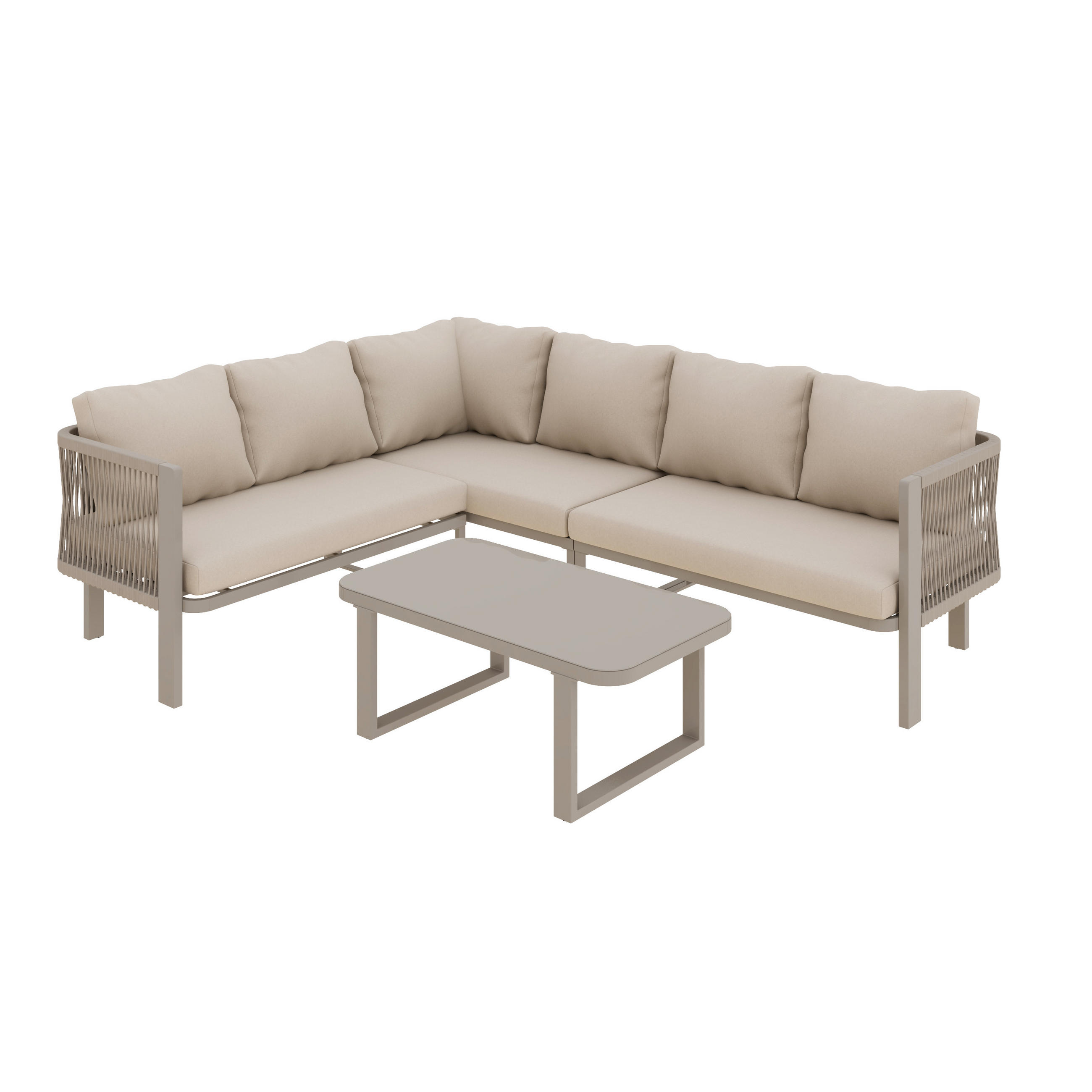 GARTENMÖBEL-SET 225/175/77 cm khaki aus Polyester und Stahl für 6 Personen mit Ecksofa und Glastisch - Beige, Metall - OKWISH