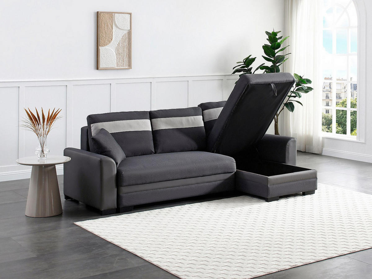 ECKSOFA mit Schlaffunktion - Ecke wechselbar - Stoff & Kunstleder - Anthrazit - GIANY II - Anthrazit, Leder (242/135cm) - Vente-Unique