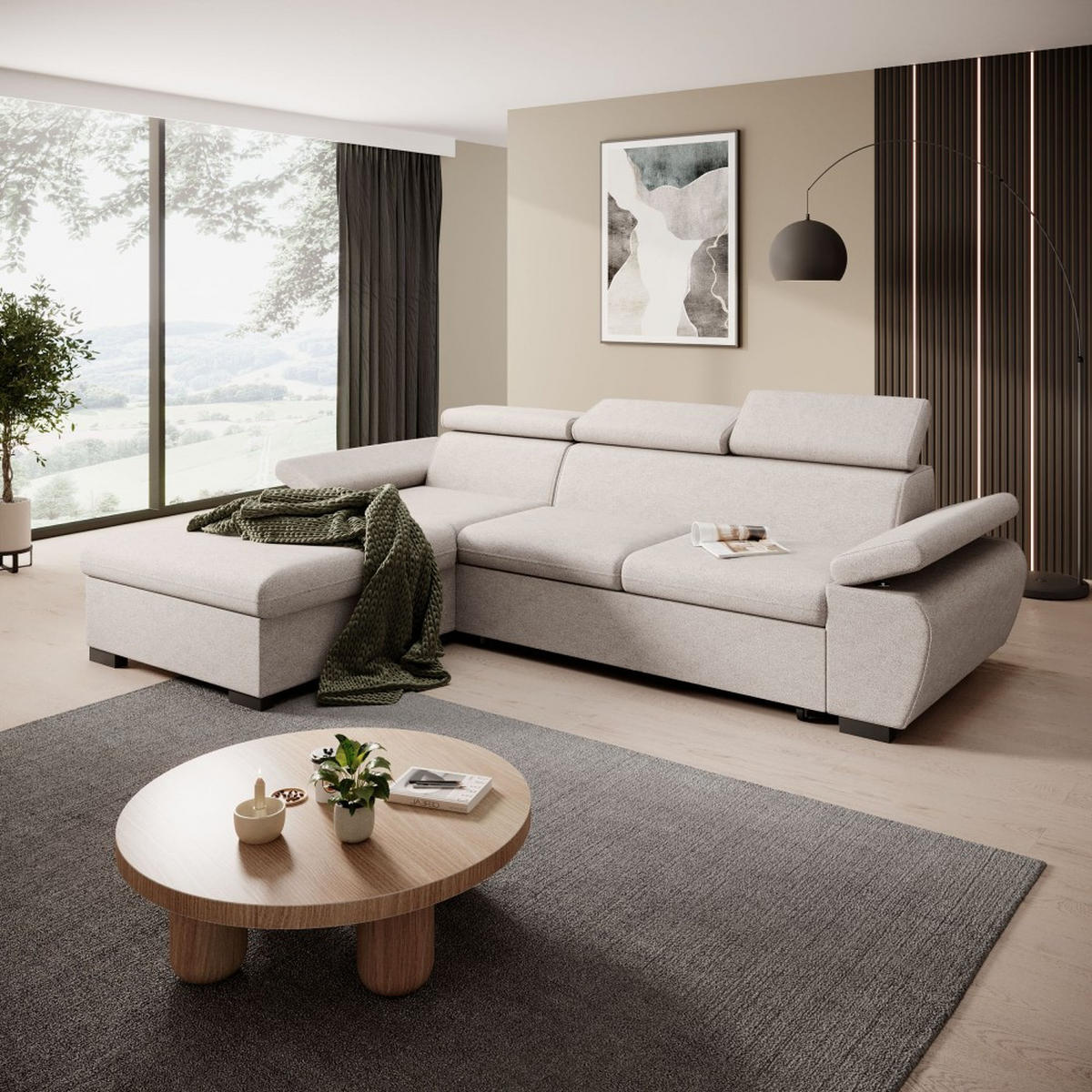 ECKSCHLAFSOFA Coco mit verstellbare Kopfstützen, beige, links - Beige, Textil (273/191cm) - Beautysofa