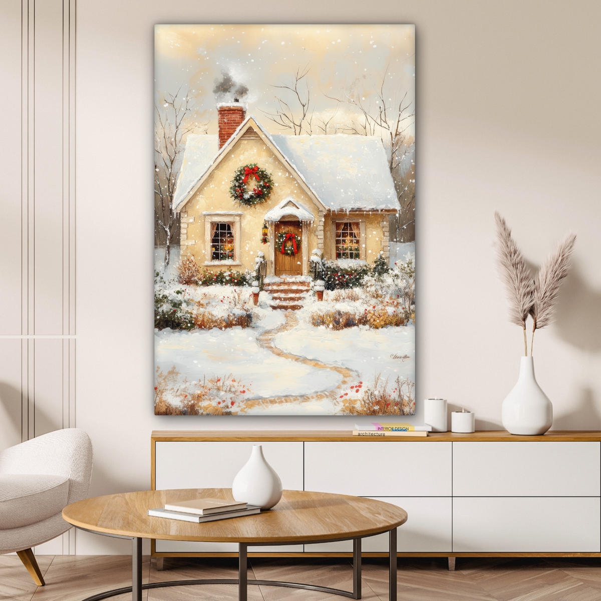 LEINWANDBILD Weihnachten - Zuhause - Winter - Schnee Deko Groß 90x140 cm - Creme, Textil (90/140cm) - MuchoWow