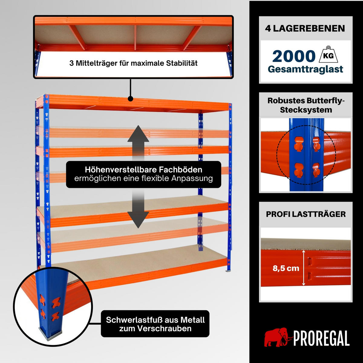 SCHWERLASTREGAL Rhino 180x200x60 cm 4 Spanplatten-Ebenen 8mm Fachlast 500 kg Blau/Orange - Blau/Orange, Metall (200/180/60cm) - PROREGAL