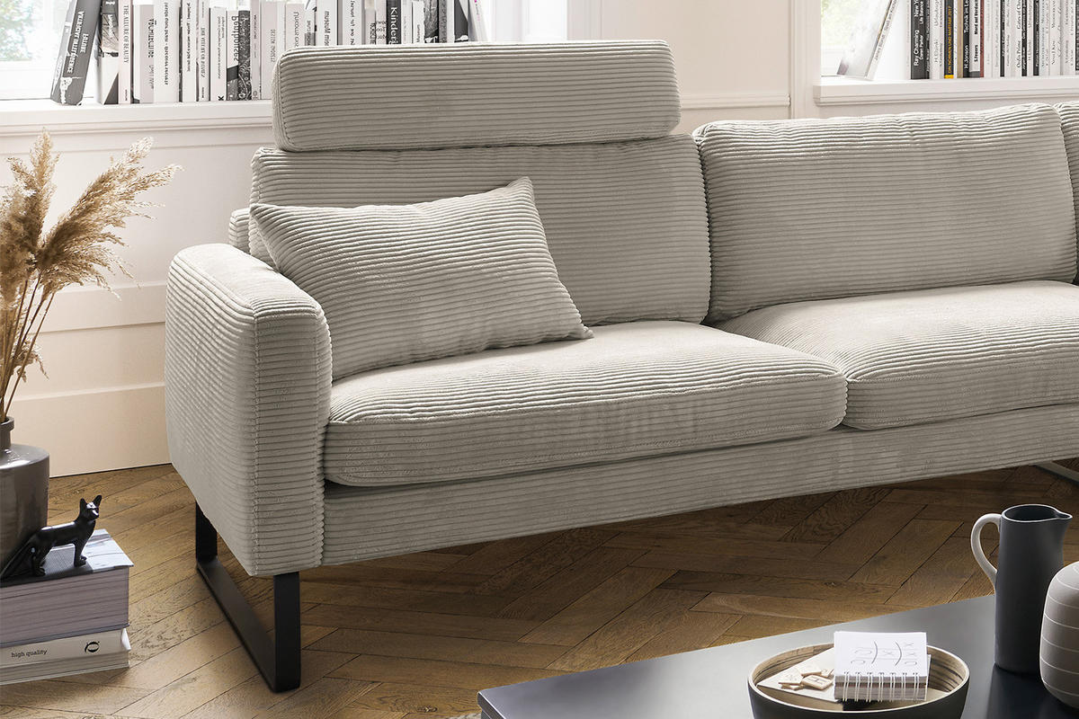 ECKSOFA RICARDA Granit Cord - Greige/Schwarz, Textil/Metall (298/154cm) - KAWOLA