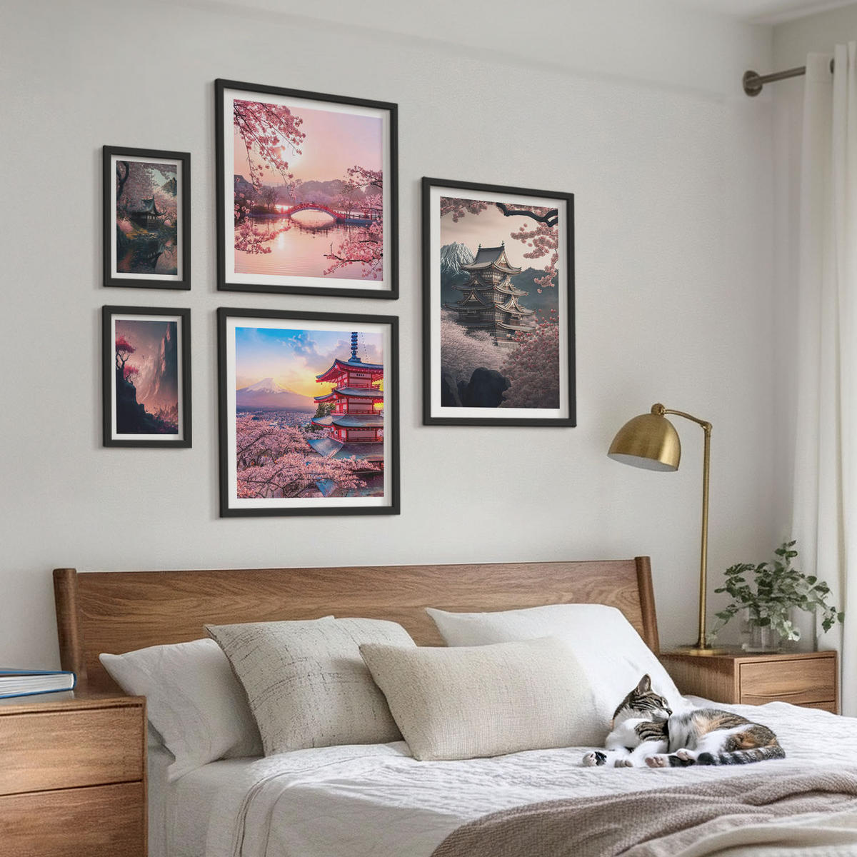 BILDER SET 5er Set - 50x50 cm & 20x30 cm & 40x60 cm Schwarzer Rahmen - Fantasielandschaften Japans - Schwarz, Kunststoff (40/60cm) - TULUP