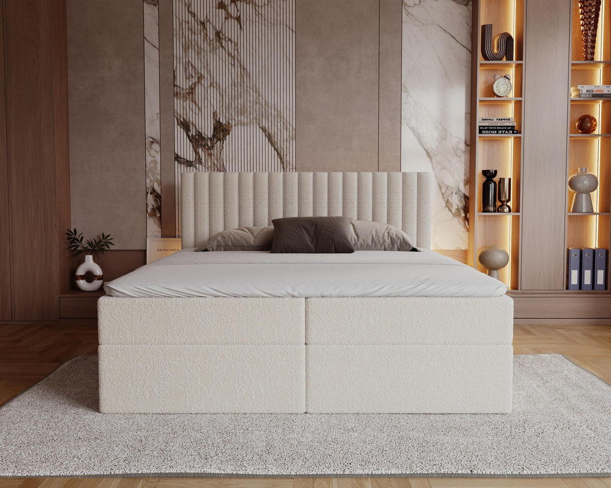 BOXSPRINGBETT Boucle 160x200 Daliro mit Bettkasten, Matratze H3, Creme - Creme, Holz/Textil (160/200cm) - Emporius