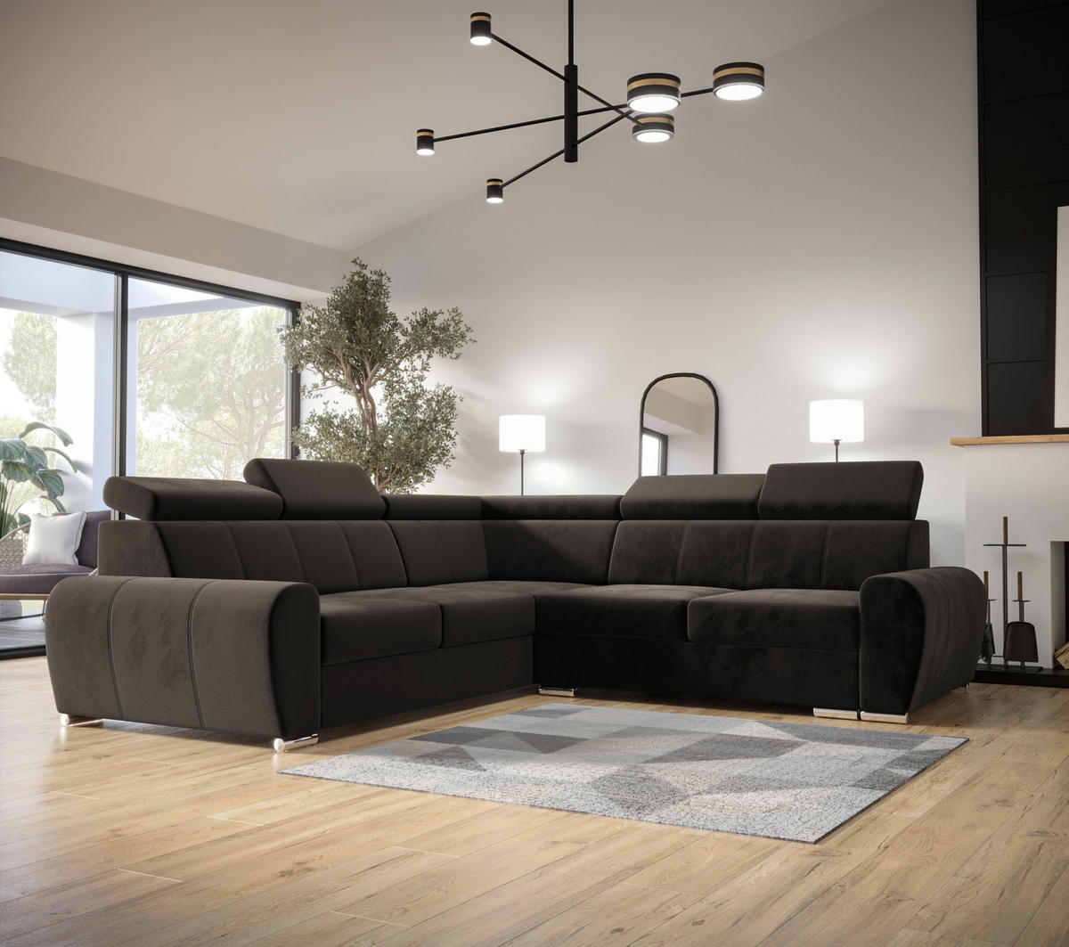 ECKSOFA APOLLO KN09, Eckcouch in L-Form mit Schlaffunktion, Farbe: Braun, Velourstoff, Ottomane Links - Schwarz, Textil (255/255cm) - O-Sofa