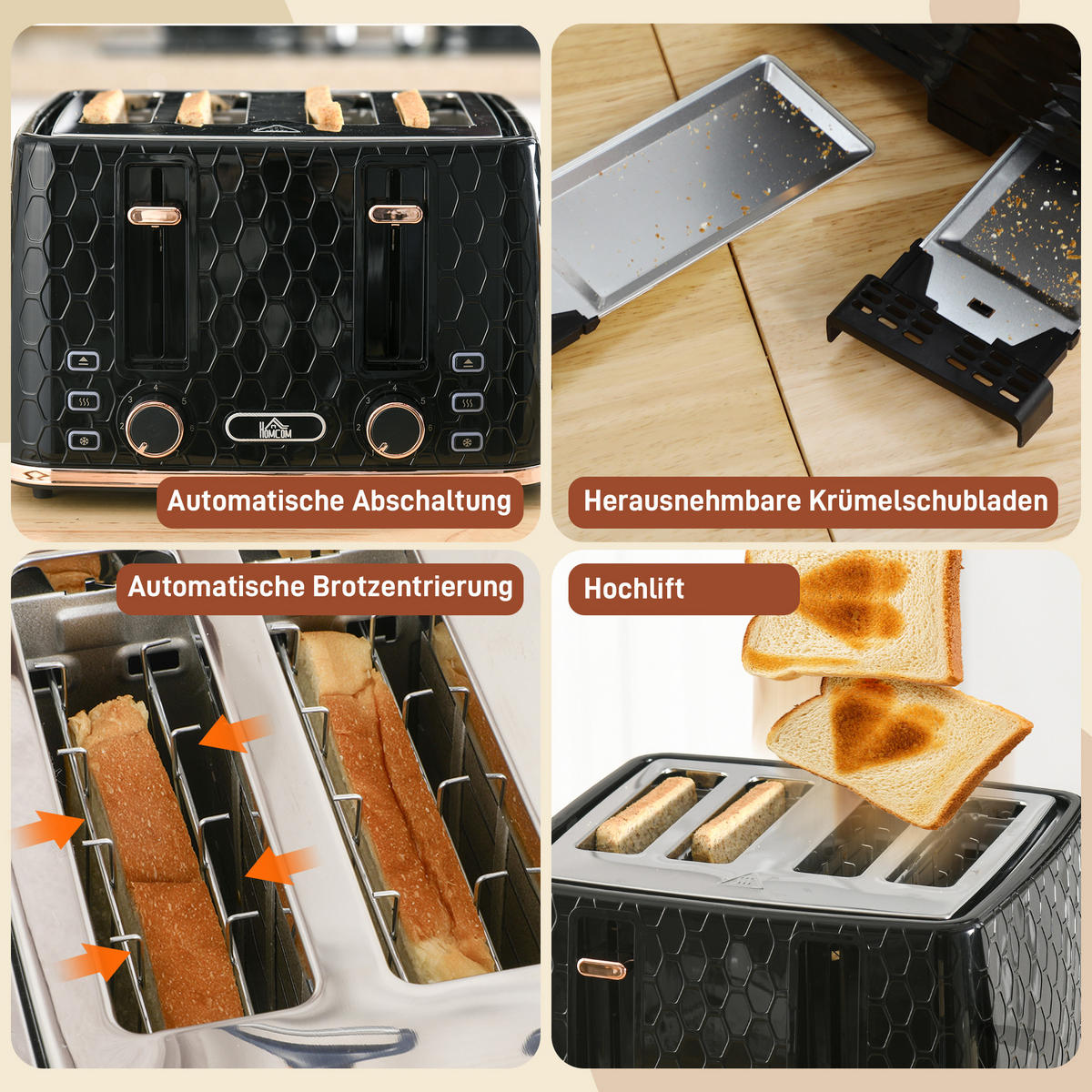 TOASTER für 4 Scheiben Schwarz - Schwarz, Kunststoff (27.6/18.9/29.3cm) - HOMCOM