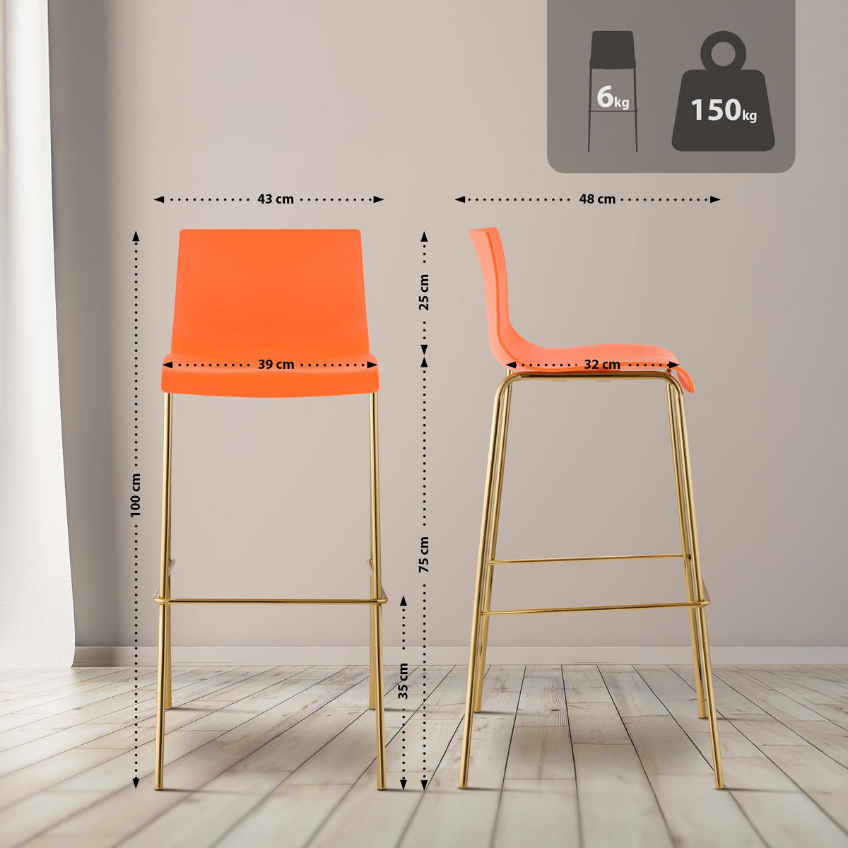 BARHOCKER Kunststoff Orange - Goldfarben/Orange, Kunststoff/Metall (43/100/48cm) - CLP