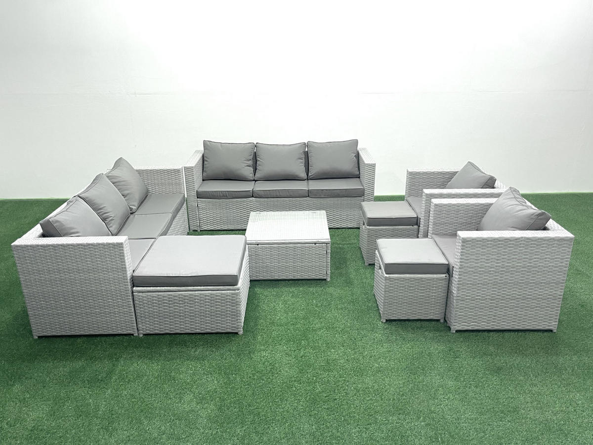 GARTENMÖBEL-SET mit Kissen Polyrattan Hellgrau-Mix 11-Sitzer - Hellgrau/Grau, Glas/Kunststoff - Fimous