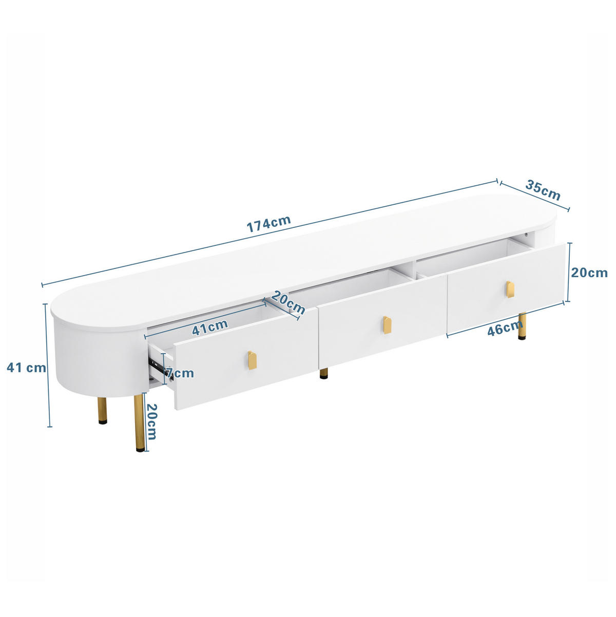 LOWBOARD 174/35/41 cm Weiß/Gold aus MDF mit 3 Schubladen - Weiß, Holzwerkstoff (35/41/174cm) - OKMYHOME