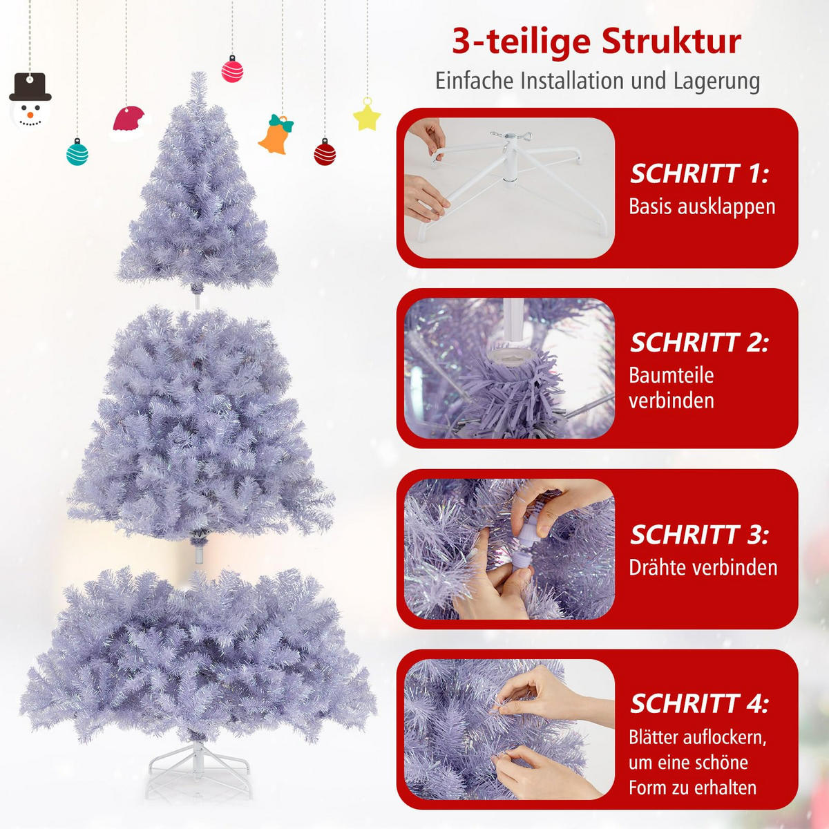 WEIHNACHTSBAUM Tannenform mit warmweißen LEDs 180 cm lavendelviolett - Lila, Metall (180cm) - COSTWAY