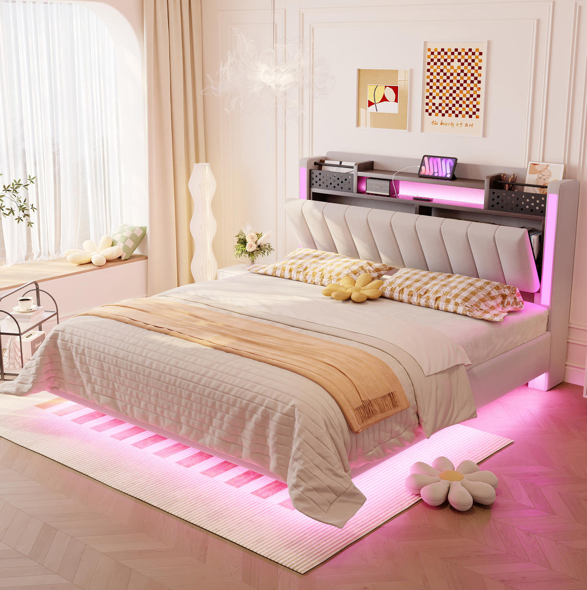 ČALOUNĚNÁ postel 140/200 cm, béžová, lněný vzhled, s LED osvětlením a USB - béžová, textil (140/200cm) - BEAOK