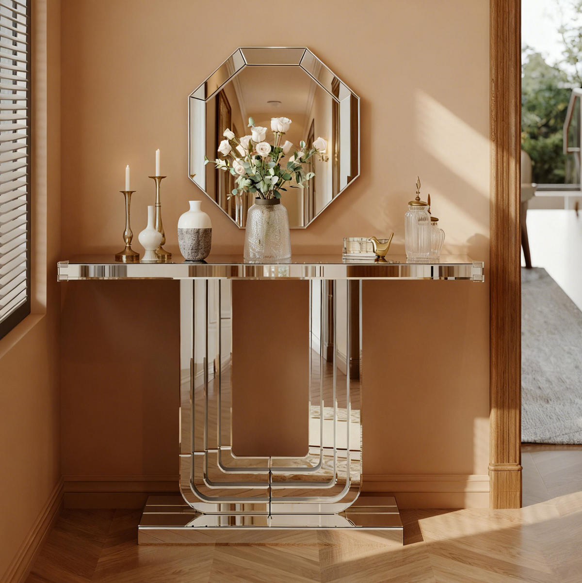 KONZOLOVÝ stolek ze skla a MDF 120x30x76 cm stříbrný se zrcadlovým povrchem a stabilní podnoží ve tvaru U - stříbrná, kompozitní dřevo (30/120/76cm) - Modfu