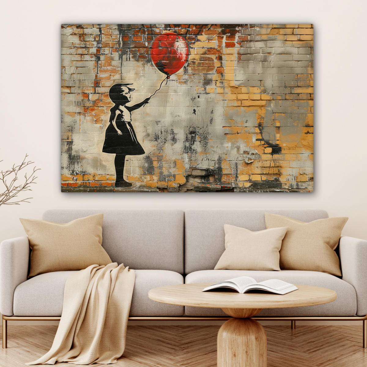LEINWANDBILD Graffiti - Banksy - Mädchen - Straßenkunst Wohnzimmer Groß 120x80 cm - Sandfarben, Textil (120/80cm) - MuchoWow
