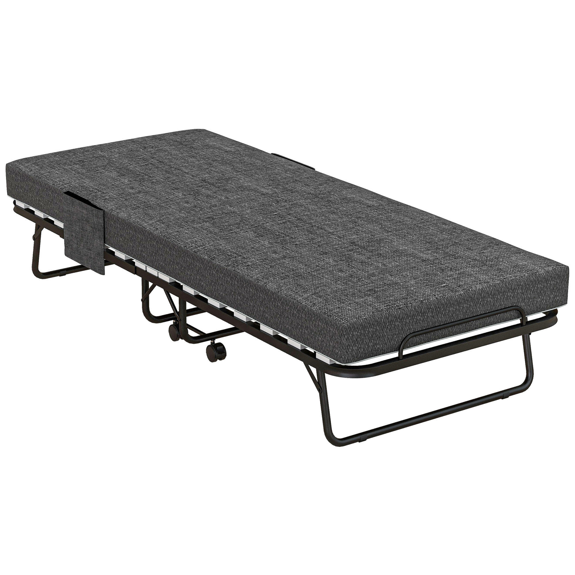 HOMCOM SKLÁDACÍ POSTEL Hostinská postel s kolečky, matrace 10 cm, potah, boční kapsa, šedá