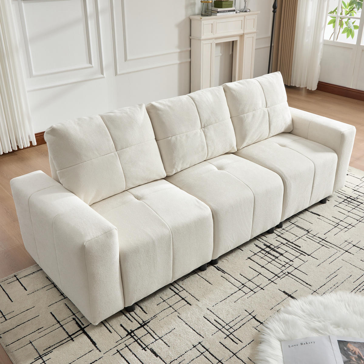3-SITZER SOFA Chenille Beige & Weiß mit Schlaffunktion - Beige, Holzwerkstoff/Kunststoff (213/84/94cm) - WISHDOR
