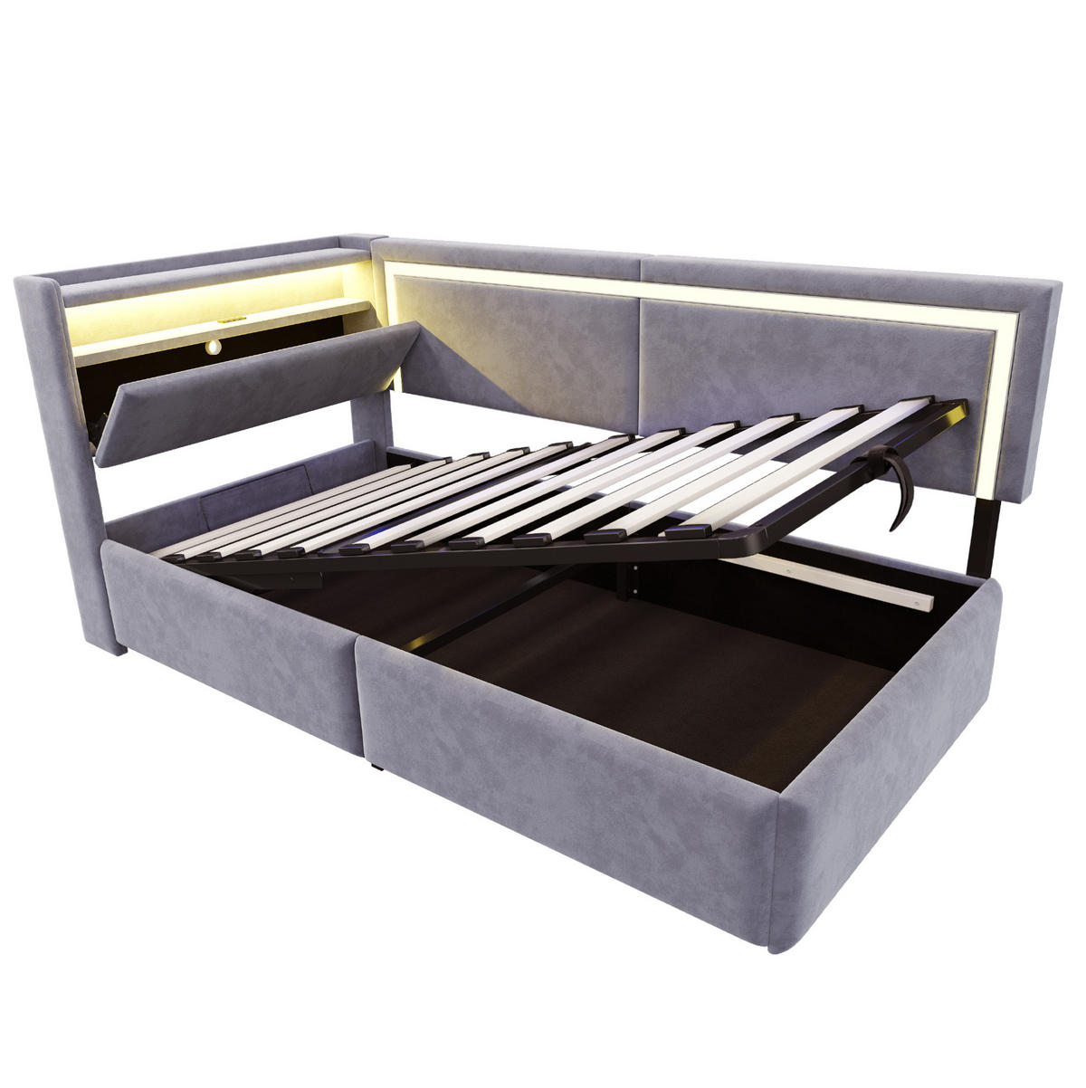 POLSTERBETT aus Samt 90x200 cm Hellgrau mit LED-Beleuchtung, USB-Anschluss und hydraulischem Bettkasten - Hellgrau, Textil (90/200cm) - Modfu