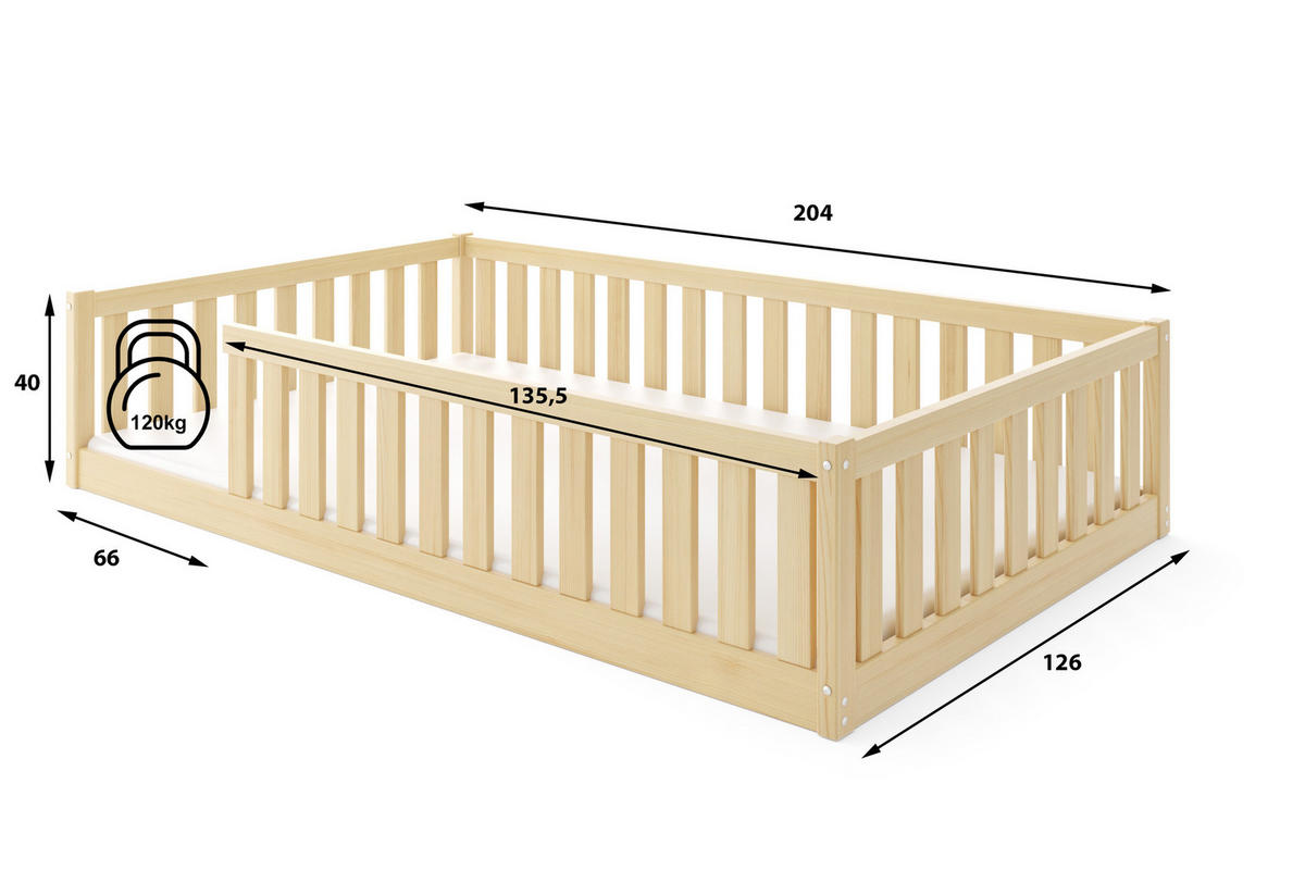 BODENBETT 120x200 cm in Pine Montessori Kinderbett aus Holz mit Rausfallschutz & Lattenrost BELLA - Naturfarben, Holz (120/200cm) - Interbeds