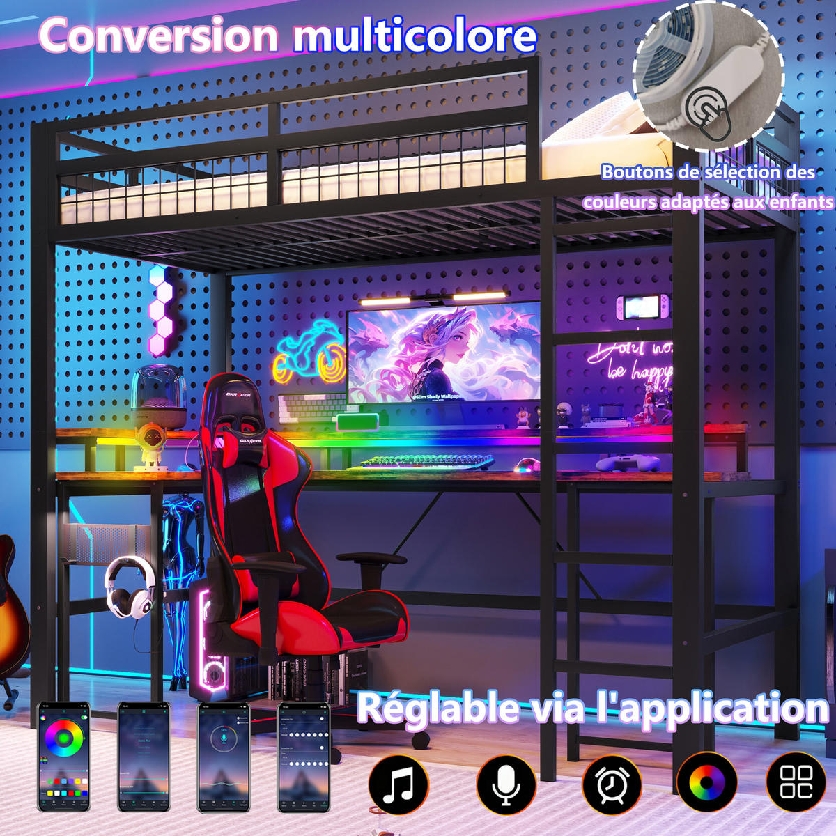 HOCHBETT mit LED und USB Schwarz 90x200 cm Metall - Schwarz, Metall (90/200cm) - SONNENH