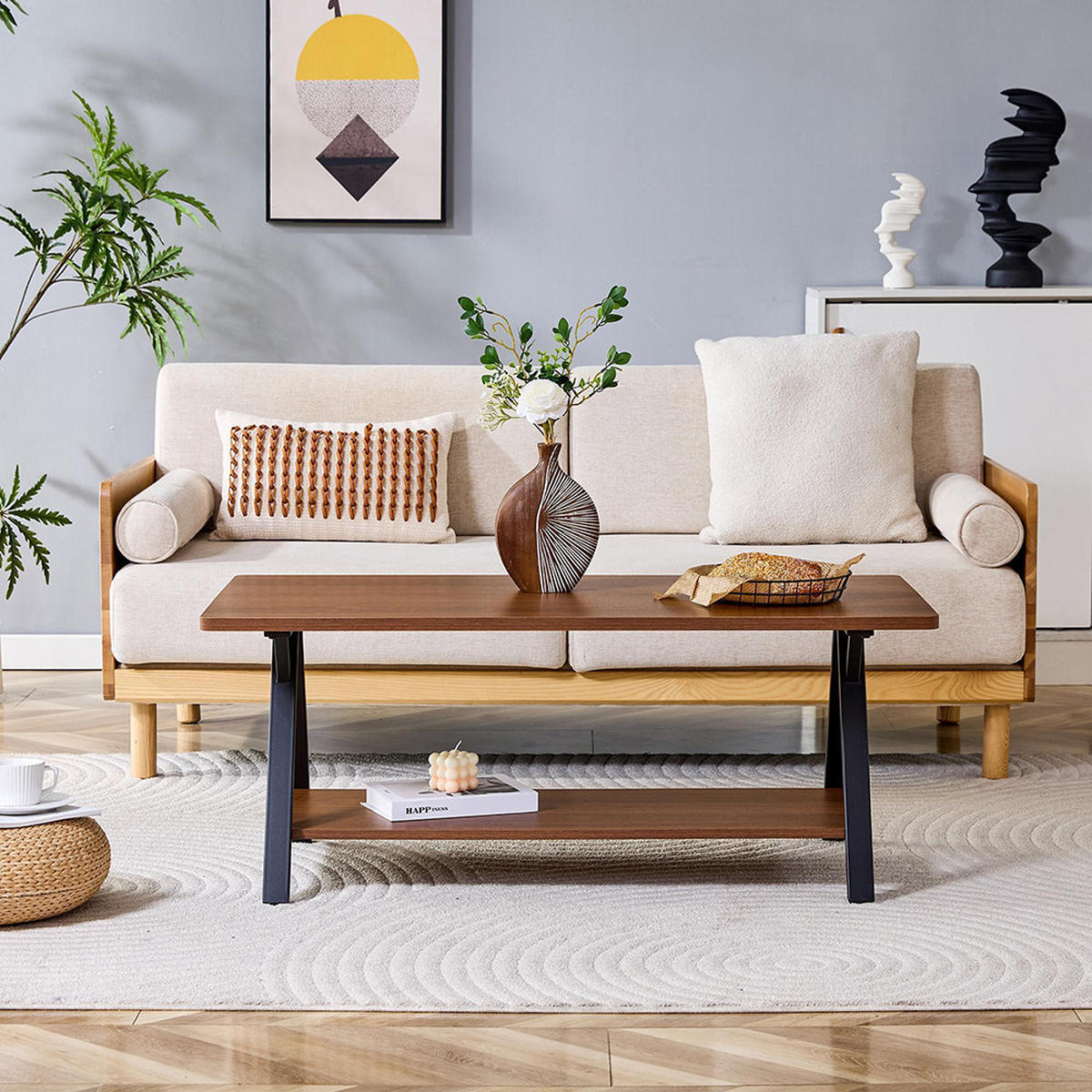 COUCHTISCH 110x57x44,5cm mit Stauraumregal, Moderner industrieller - Walnussfarben, Holz/Holzwerkstoff (110/57/44.5cm) - KOMHTOM