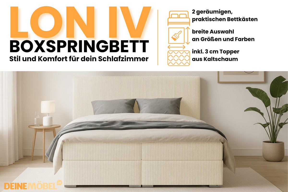 BOXBETT LON IV 200/200 in Cord Creme H4 - Creme, Holz/Holzwerkstoff (200/200cm) - Deine Möbel 24
