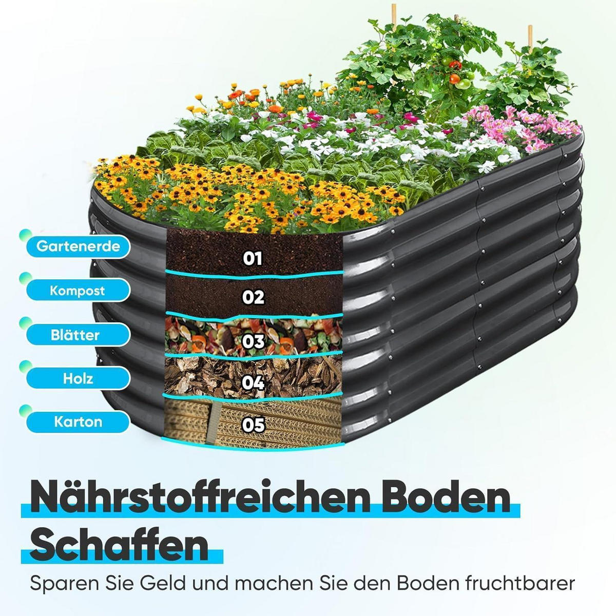 HOCHBEET Metall Grau 180 x 90 x 45 cm - Schwarz, Metall (90/45/180cm)