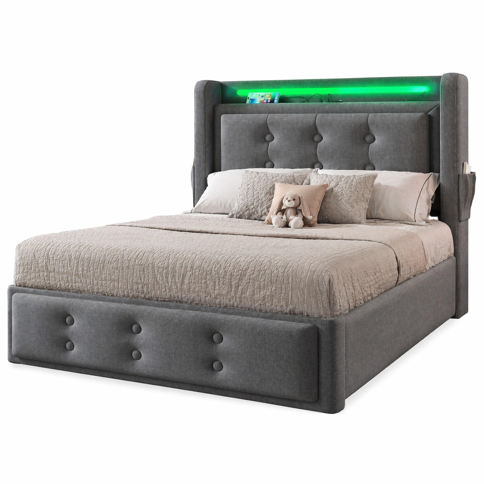 ČALOUNĚNÁ POSTEL 90/200 cm v šedé barvě s LED, USB-C a úložným prostorem - šedá, kov/kompozitní dřevo (90/200cm) - CHICFURN