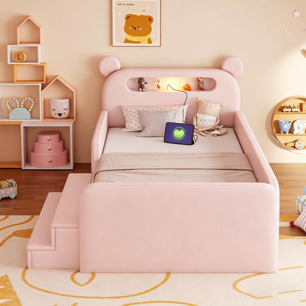 KINDERBETT 90x200cm Bärenkopfteil Nachtlicht Stauraum Rosa - Pink, Textil (90/200cm) - FLIEKS