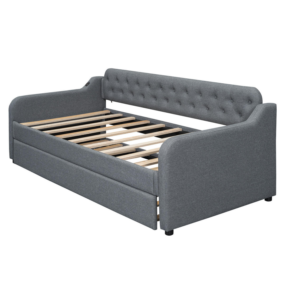 BETT Ausziehbar 90/200 cm mit USB-Anschluss Grau Leinen - Grau, Textil (90/200cm) - OKWISH