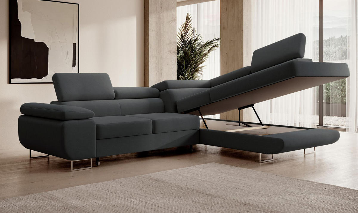 ECKSOFA Stevil Dunkelgrau Velours - Dunkelgrau/Silberfarben, Textil/Metall (275/203cm) - Selsey