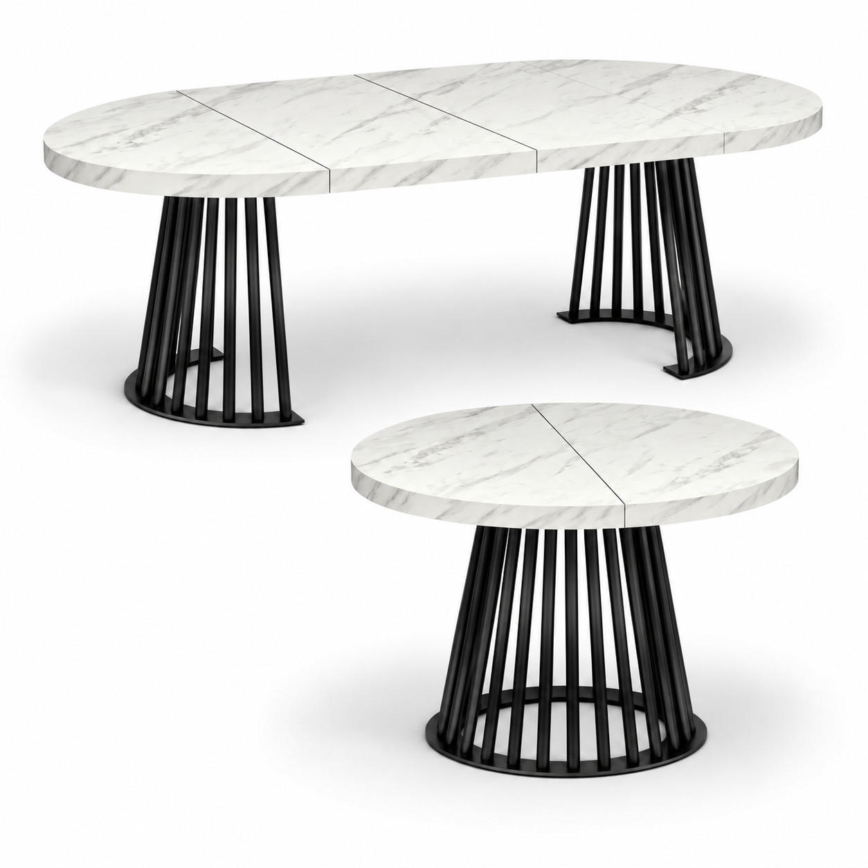 ESSTISCH rund ausziehbar 90/190/76 cm, Marmor, 54 cm Tischplatte + Lamellen-Metallgestell Schwarz - Hellgrau/Schwarz, Holzwerkstoff/Metall (90/190/76cm) - Damale Möbel