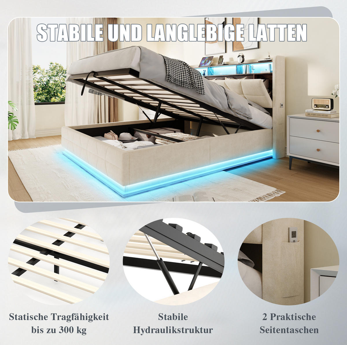 POLNJENA postelja iz žameta 140x200 cm bež z LED osvetlitvijo, odprtimi policami in USB/Type-C priključkom - bež, tekstil (140/200cm) - Modfu