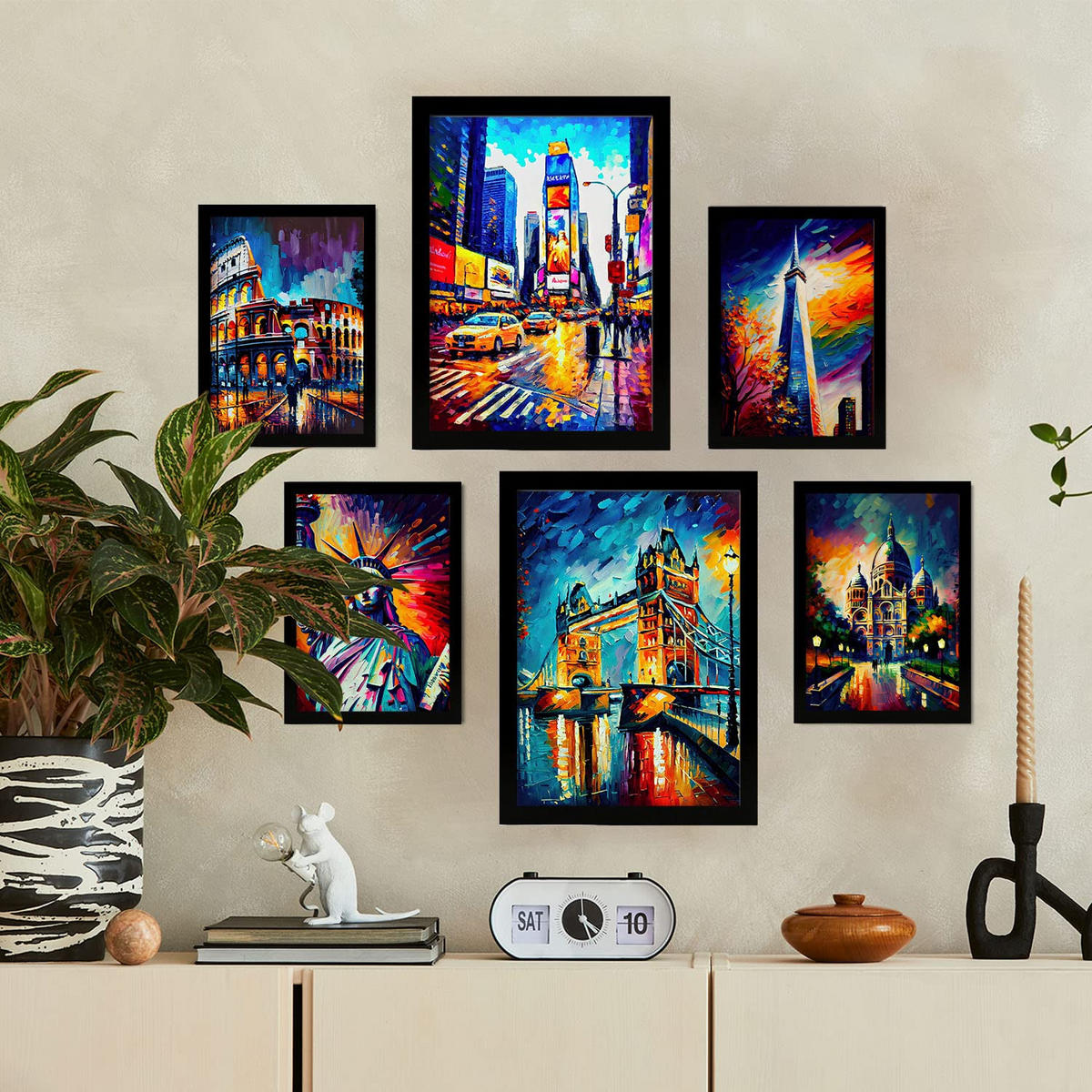 POSTER Set Mit 6 Menschengemacht Im Ölgemälde Stil A3 & A4 Schwarzer Rahmen - Schwarz, Papier (29/3cm) - Nacnic