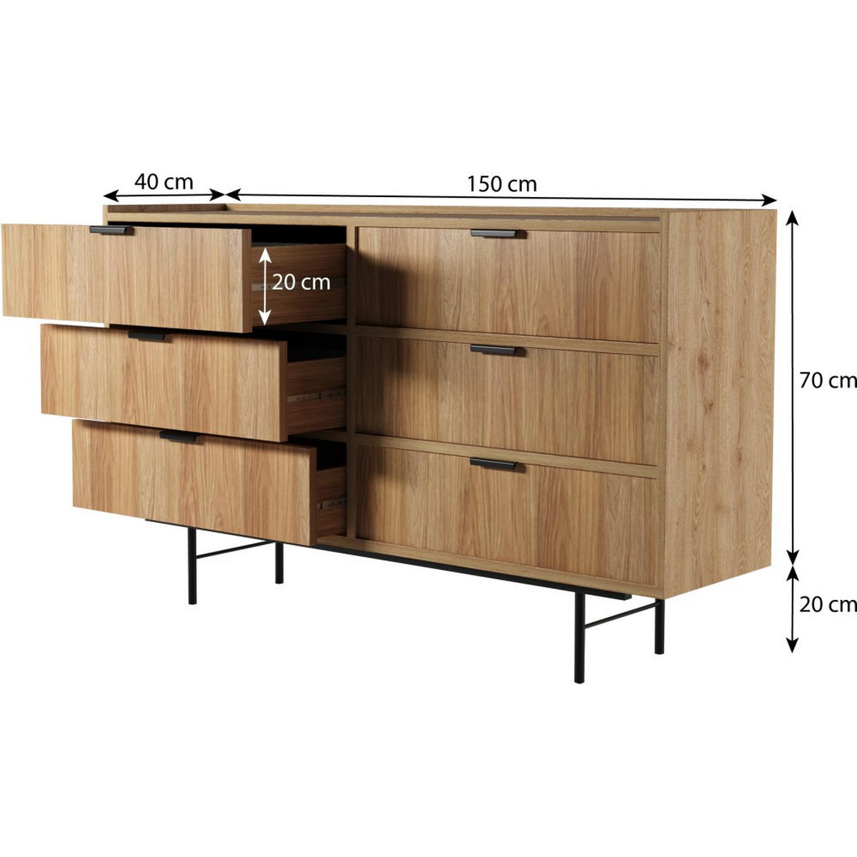 KOMMODE Evron mit 6 Schubladen, Hikora Eiche - Eichefarben/Schwarz, Holzwerkstoff/Metall (150/90/40cm) - Beautysofa