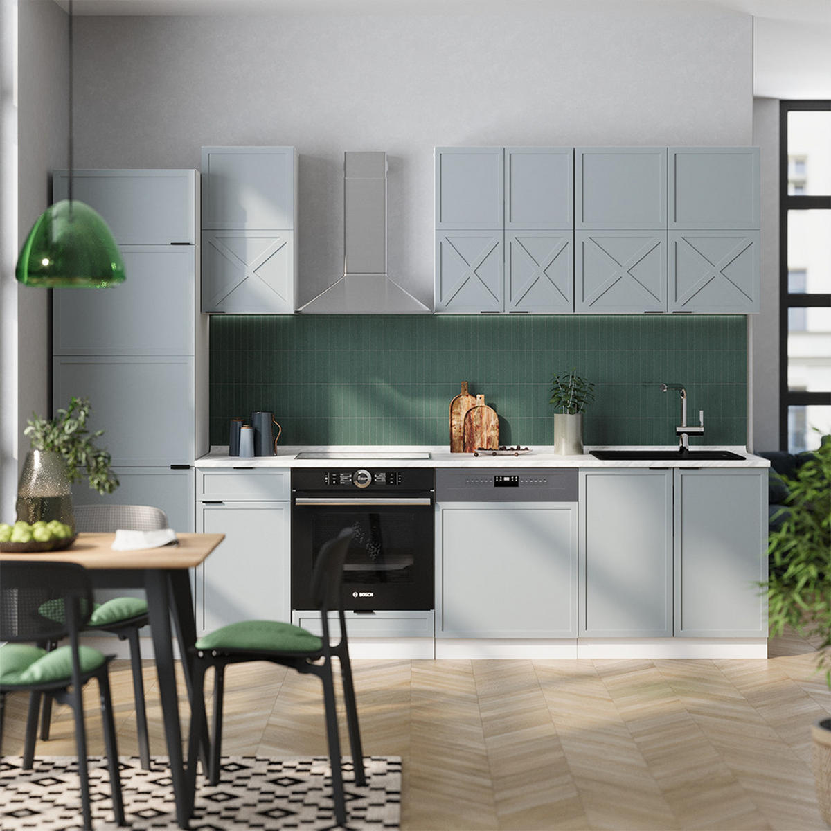 KÜCHENZEILE Fame-Line Hellblau-grau/Weiß 300 cm, AP Eiche - Weiß/Hellblau, Holzwerkstoff (300/81.6/60cm) - Vicco