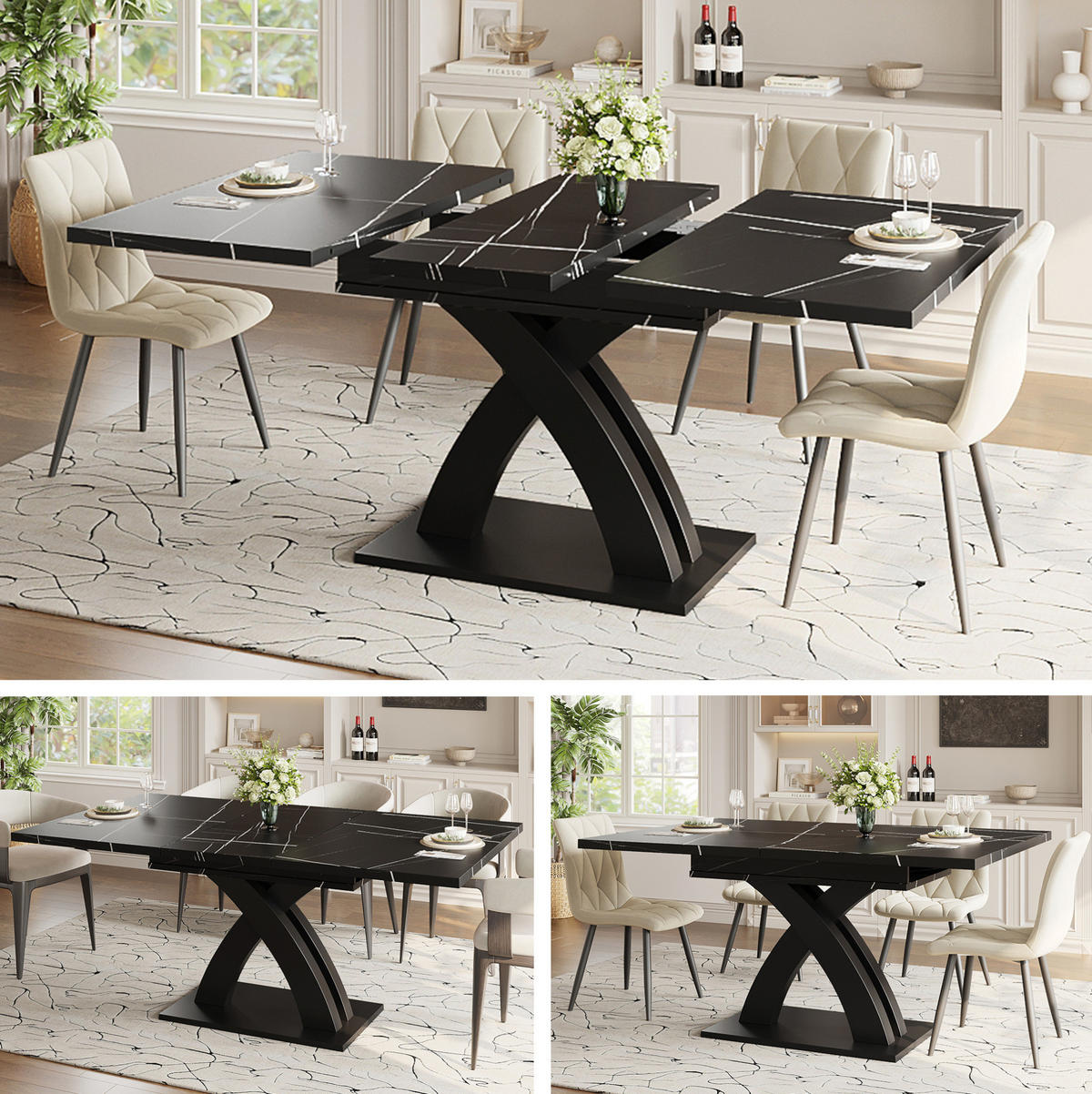 ESSTISCH 120/160/80 cm in Schwarz-Weiß ausziehbar mit X-Gestell - Schwarz, Holzwerkstoff (120/80/75cm) - Flora Grace