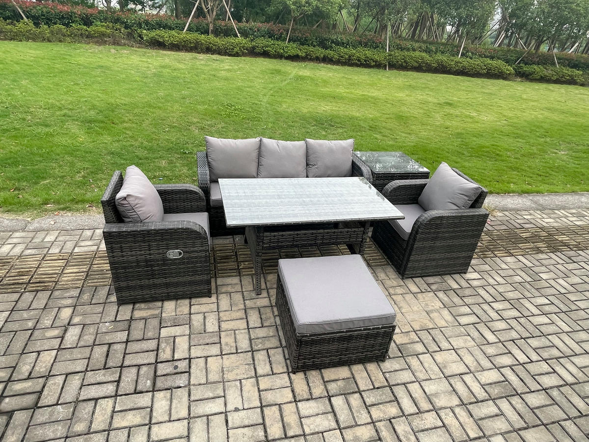 GARTENSET mit 3-Sitzer-Sofa,Beistelltisch,Esstisch Polyrattan 6-Sitzer - Dunkelgrau/Grau, Glas/Kunststoff - Fimous