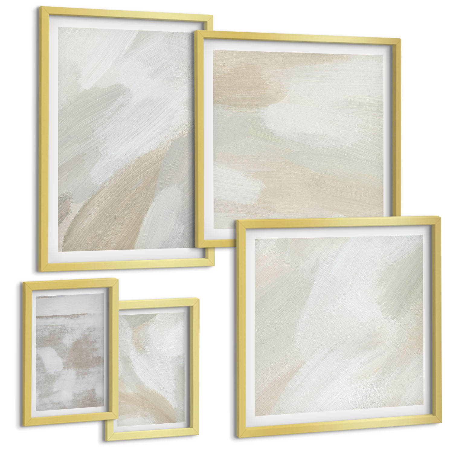 BILDER SET 5er Set - 50x50 cm & 20x30 cm & 40x60 cm Goldrahmen - Abstrakte Pinselmalerei auf Leinwand - Goldfarben, Kunststoff (40/60cm) - TULUP