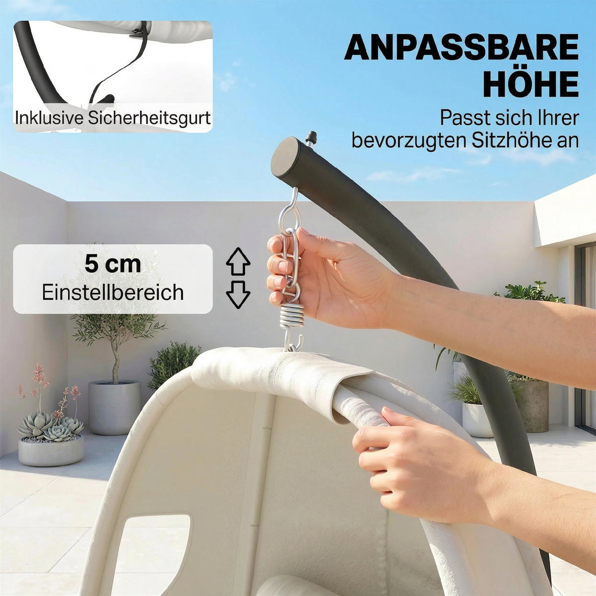 HÄNGESESSEL Verzinkter-Stahl Polyester Hellgrau - Hellgrau/Schwarz, Textil/Metall (95/180/117cm) - Outsunny