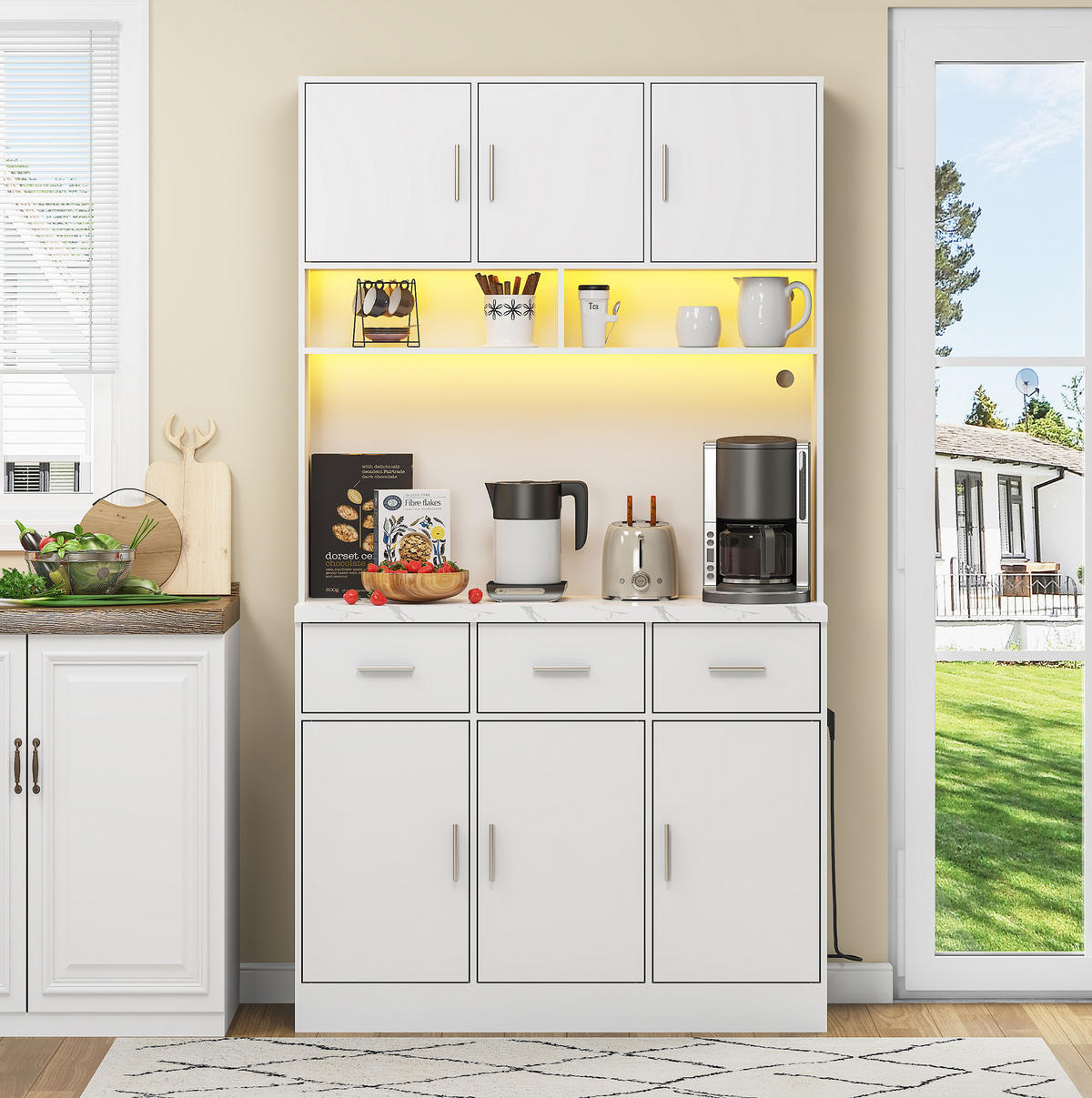 KUHINJSKA omara 100/40/180 cm z LED osvetlitvijo, USB priključki, vtičnico in predali, MDF, Bela - bela, leseni material (100/180/40cm) - Redom