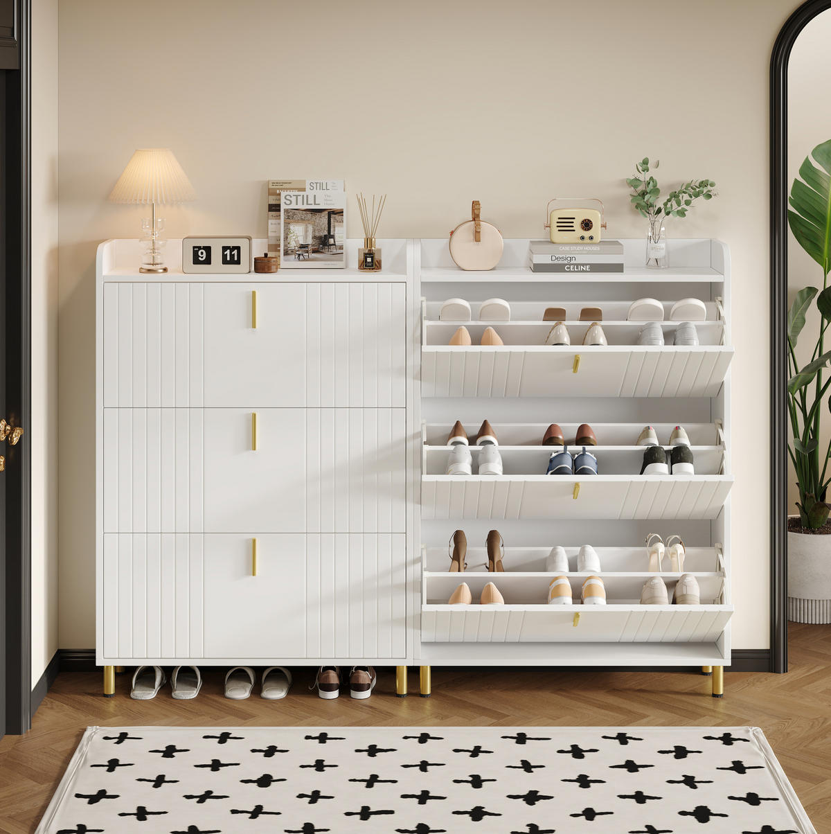 SCHUHSCHRANK 80/23/123,5 cm mit 3 Klappen, verstellbaren Einlegeböden und Ablagefach aus MDF, Weiß - Weiß, Holzwerkstoff (80/124/23cm) - Redom