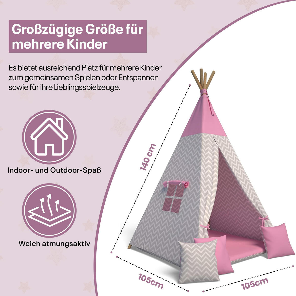 TIPI-ZELT 105 x 105 x 140 cm Zickzack rosa mit weichen Kissen | Spielzelt für Kinderzimmer Indoor - Pink, Textil (105/105cm) - Best for Kids