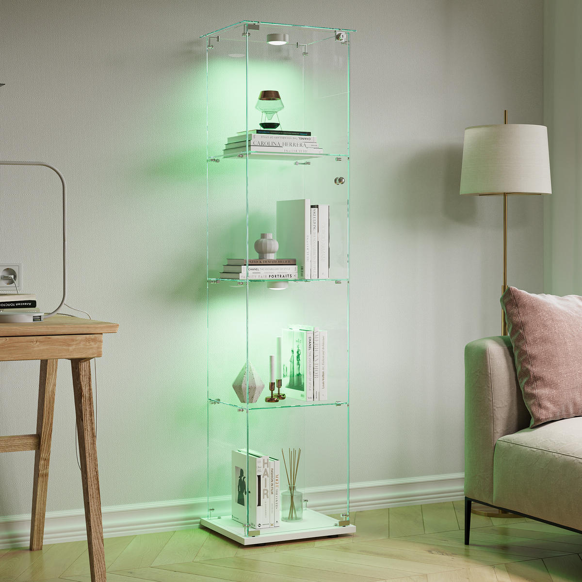 GLASVITRINE mit 4 Glasablagen, rahmenlose Doppeltüren mit Schloss, Touch-LED, in Weiß - Weiß, Glas (39.8/163/35cm) - BRILVERDE