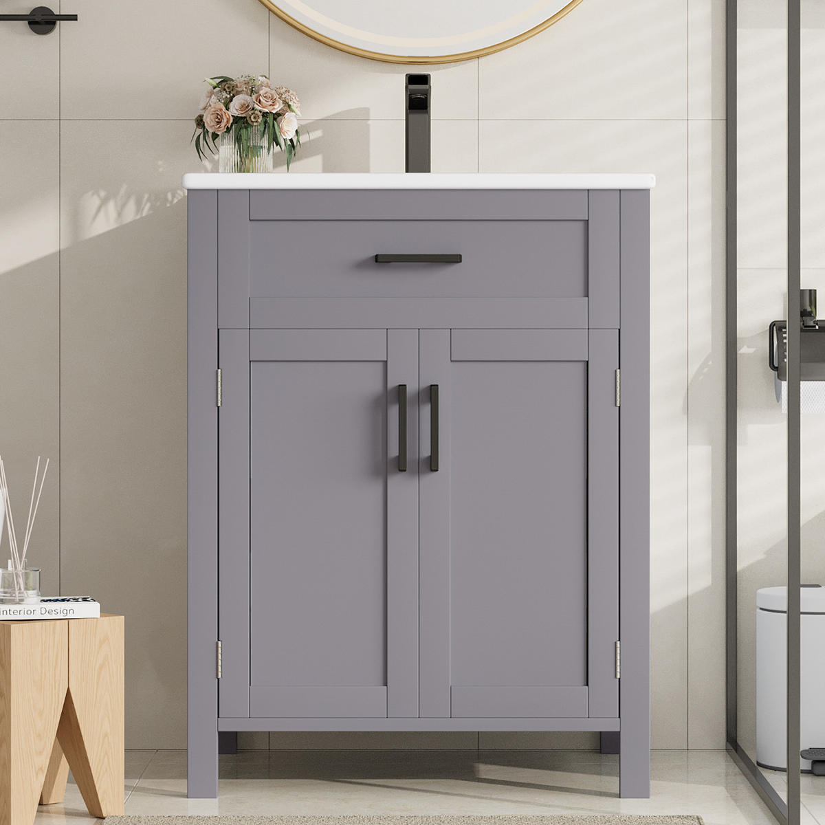 WASCHTISCHKOMBI 60/46/84,8 cm Grau aus Keramik und MDF mit Waschbecken - Grau, Holzwerkstoff (60/84.8/46cm) - OKMYHOME