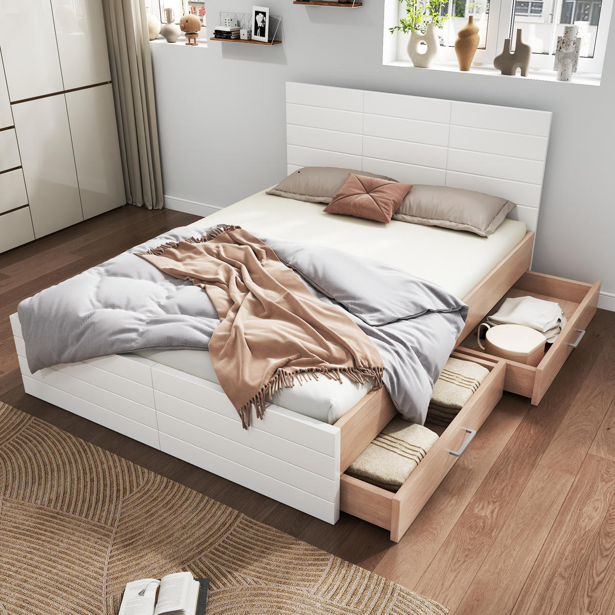 KREVET 160/200 cm s ladicama, podnicom i madracem, od masivnog drva i MDF-a, Bijela i hrast - bijela, drvni materijal (160/200cm) - Redom