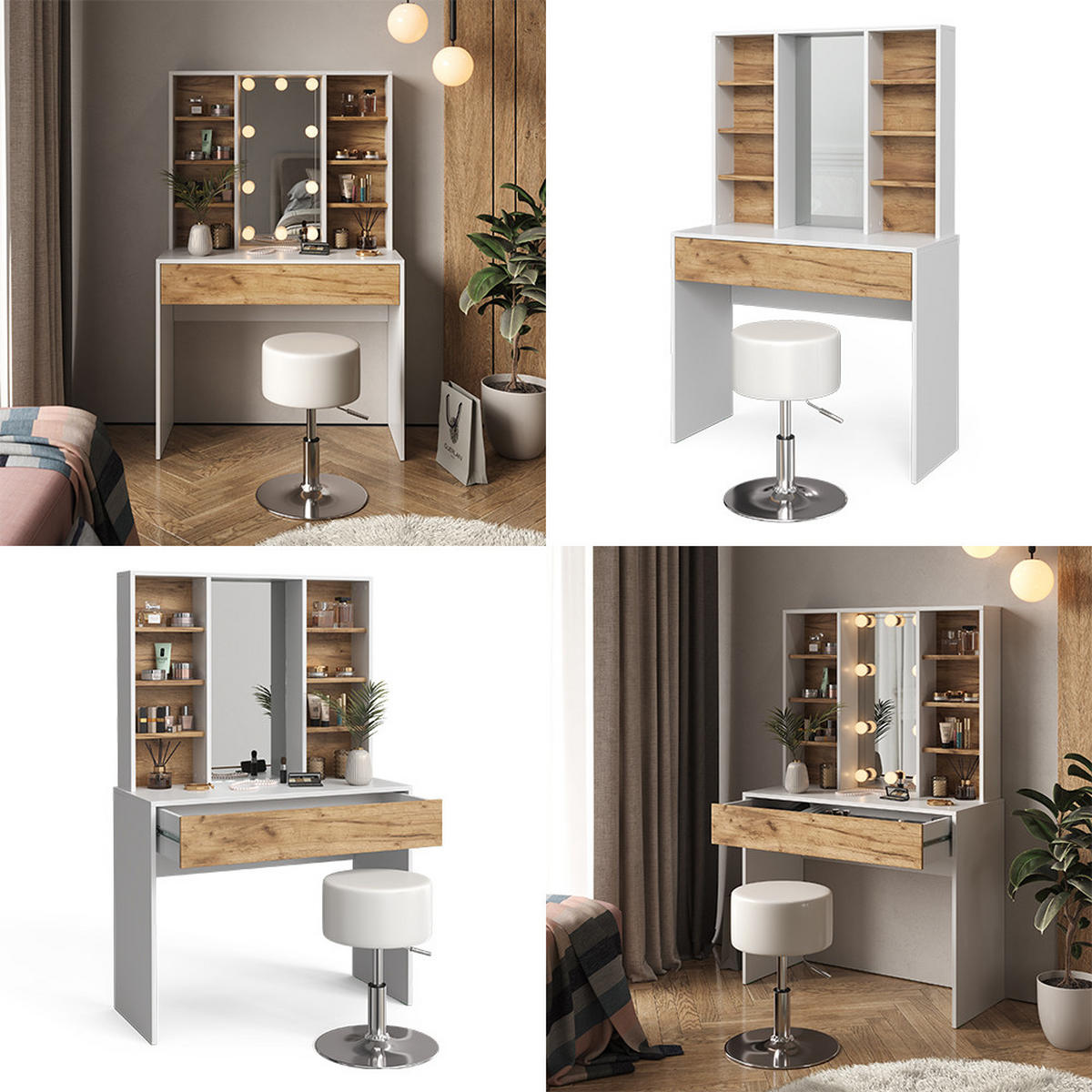 SCHMINKTISCH Alexa Goldkraft Eiche/Weiß 93 cm mit Hocker - Honigeiche/Weiß, Holzwerkstoff (93/147/40cm) - Vicco